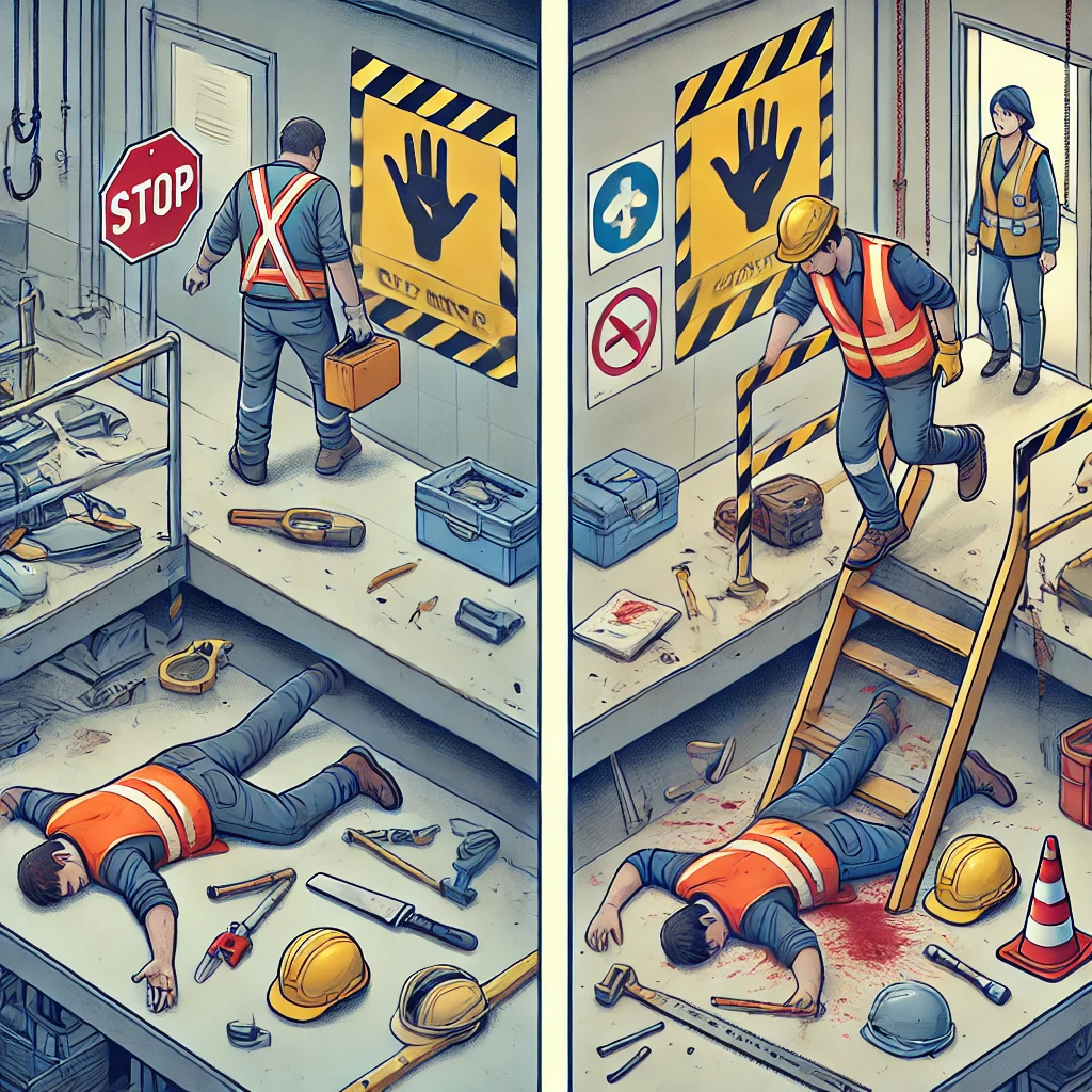 Una imagen dividida en dos partes en un entorno laboral Ilustraciones de seguridad laboral que muestran ejemplos de accidentes e incidentes en entornos de trabajo. Las imágenes destacan el uso adecuado de equipo de protección personal (EPP), señalización de riesgos, y situaciones que ilustran cómo prevenir accidentes en el lugar de trabajo. También se incluyen ejemplos de incidentes donde los trabajadores logran evitar peligros, destacando la importancia de la gestión de riesgos y las medidas de seguridad en la empresa.