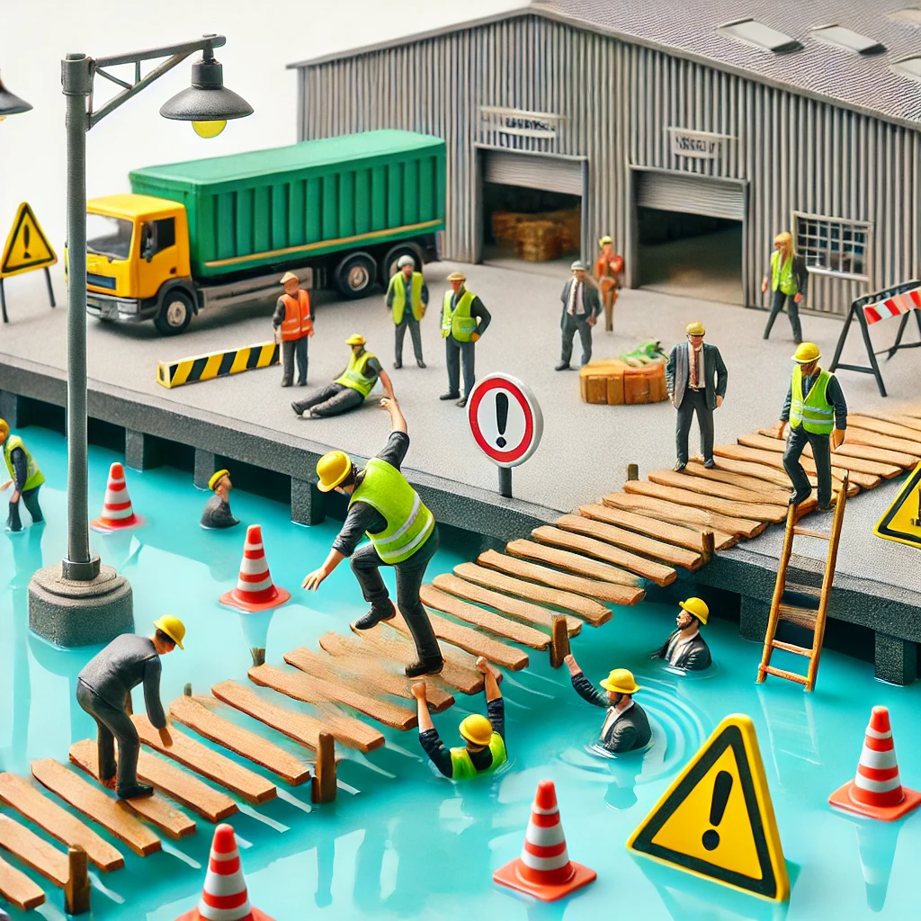 trabajador casi resbala sobre un charco de agua Ilustraciones de seguridad laboral que muestran ejemplos de accidentes e incidentes en entornos de trabajo. Las imágenes destacan el uso adecuado de equipo de protección personal (EPP), señalización de riesgos, y situaciones que ilustran cómo prevenir accidentes en el lugar de trabajo. También se incluyen ejemplos de incidentes donde los trabajadores logran evitar peligros, destacando la importancia de la gestión de riesgos y las medidas de seguridad en la empresa.