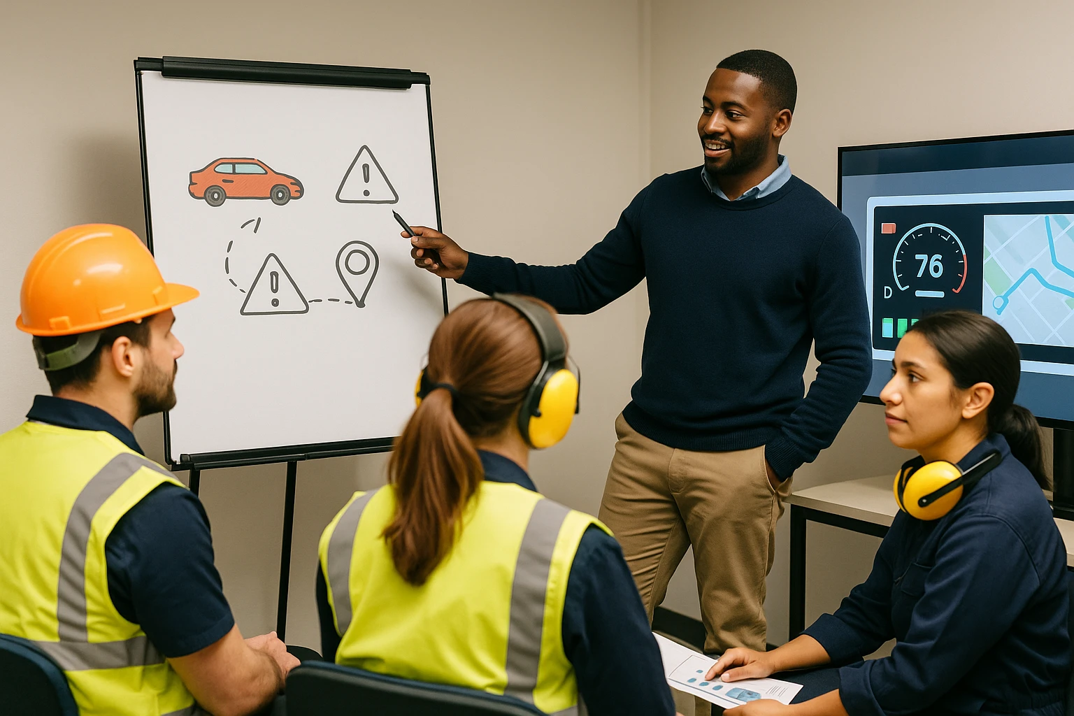 Capacitación empresarial en seguridad vial con instructores y personal en chalecos reflectivos