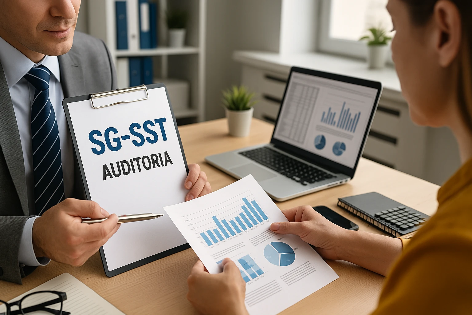 Auditoría de seguridad y salud en el trabajo en sala de reuniones corporativa
